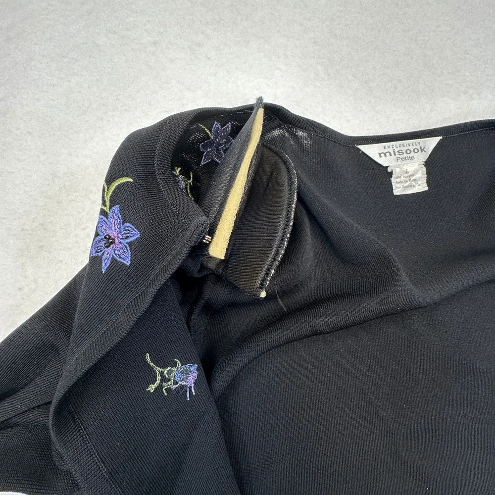 Misook Cardigan‎ Jacket Womens Large Petite Black Floral Embroidered Beaded Knit
